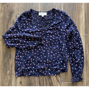 Cloth & Stone Floral Print Button Down Top Sz SM Navy Floral Rayon Anthropologie